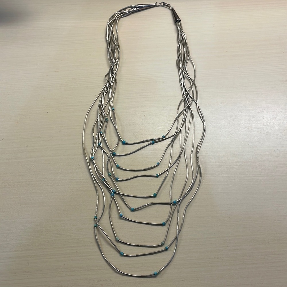 Navajo Liquid Silver & Turquoise Hieshi 10 Strand Sterling Silver Nk. Gorgeous!